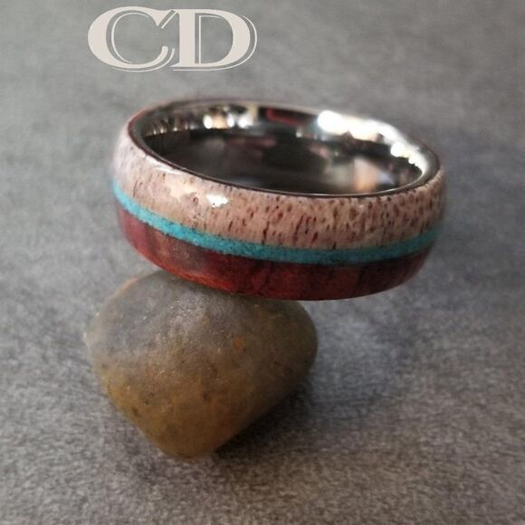 Men's Real Tungsten Wedding Ring With Deer Antler, Turquoise and Wood Onlays